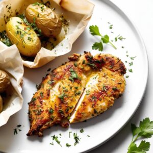 Smażona pierś z kurczaka w ziołach z ziemniakami pieczonymi w papilotach