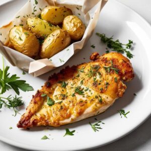 Smażona pierś z kurczaka w ziołach z ziemniakami pieczonymi w papilotach