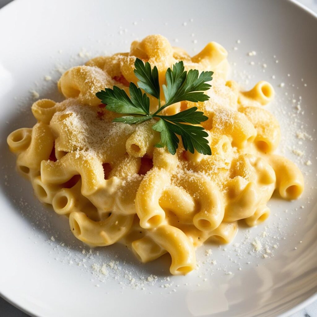 A beautifully plated Mac Cheese portion on a white plate garnished with fresh parsley and sprinkled with grated parmesan cheese.