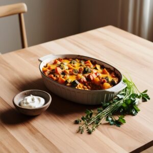 A beautifully styled table with a vegetable casserole fresh herbs and a small bowl of sour cream taken in warm natural light.