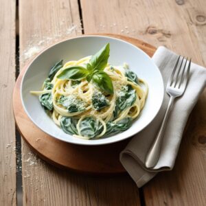 A bowl of creamy spinach pasta garnished with fresh basil and grated parmesan placed on a wooden table with a fork and napkin. 1 makaron z kremowym sosem