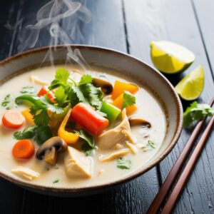 A steaming bowl of creamy coconut soup with vibrant vegetables tender chicken strips and fresh cilantro shot on a rustic wooden table with chopsticks and a lime wedge on the side. 1 A steaming bowl of creamy coconut soup with vibrant vegetables tender chicken strips and fresh cilantro shot on a rustic wooden table with chopsticks and a lime wedge on the side. 1