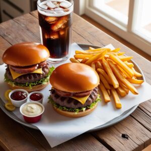 A top down shot of a burger and fries combo with a cold soda and condiments in a cozy kitchen setting. domowe burgery wołowe