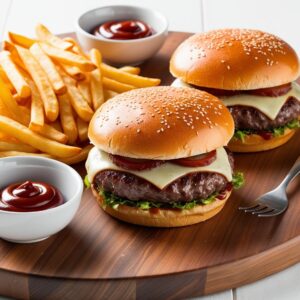 A wooden serving board with two beef burgers and a side of crispy fries accompanied by small bowls of ketchup and mustard. 1 domowe burgery wołowe