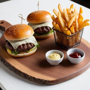 A wooden serving board with two beef burgers and a side of crispy fries accompanied by small bowls of ketchup and mustard. domowe burgery wołowe