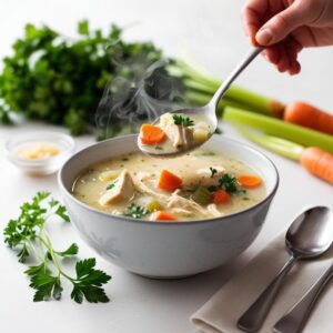 Action shot of a spoon dipping into a bowl of soup revealing tender chicken and vegetables with a blurred background of fresh herbs and ingredients 1 orientalna zupa kokosowa