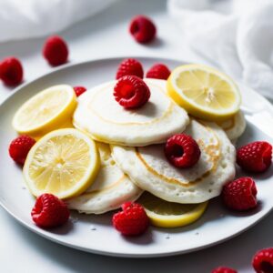 Artystyczne zdjecie placuszkow z ricotta otoczone kawalkami cytryny i malinami z miekkim rozmyciem tla ktore nadaje kompozycji delikatnosci. 1 Artystyczne zdjecie placuszkow z ricotta otoczone kawalkami cytryny i malinami z miekkim rozmyciem tla ktore nadaje kompozycji delikatnosci. 1