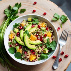 Bright and vibrant quinoa salad with vegetables avocado and a citrus dressing garnished with fresh herbs and pomegranate seeds placed on a wooden table.