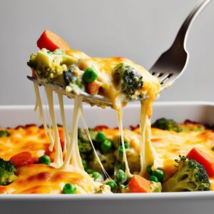Close up of a fork lifting a portion of cheesy vegetable casserole showcasing melted cheese and vibrant vegetables. 1