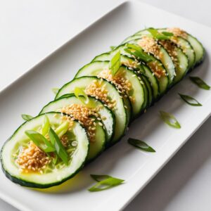 Close up of thinly sliced cucumbers glistening with a sesame soy dressing topped with golden toasted sesame seeds and bright green scallions on a minimalist plate 1 Close up of thinly sliced cucumbers glistening with a sesame soy dressing topped with golden toasted sesame seeds and bright green scallions on a minimalist plate 1