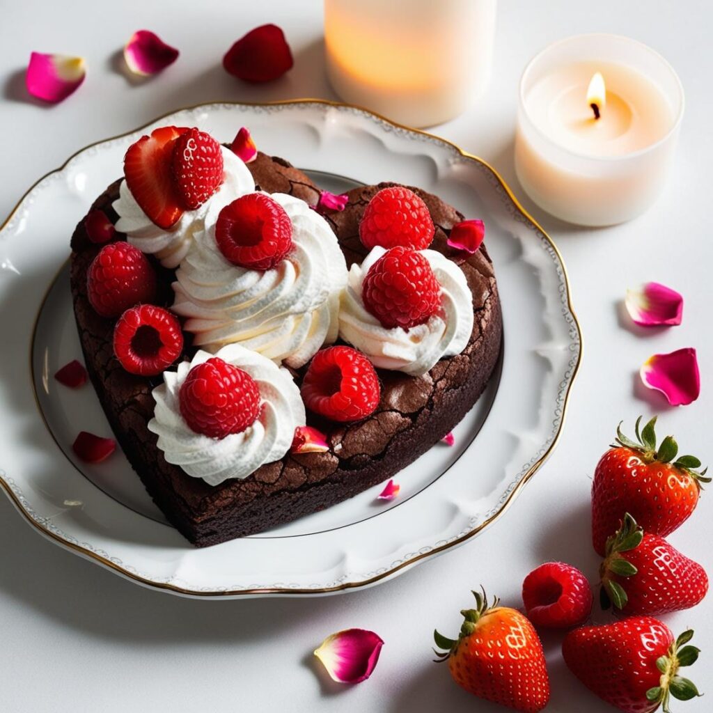 Czekoladowe brownie w ksztalcie serc udekorowane bita smietana swiezymi malinami i truskawkami ulozone na porcelanowym talerzu obok swieca i platki roz eleganckie oswietlenie. 1