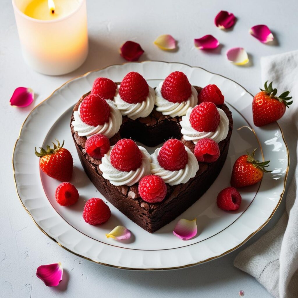 Czekoladowe brownie w ksztalcie serc udekorowane bita smietana swiezymi malinami i truskawkami ulozone na porcelanowym talerzu obok swieca i platki roz eleganckie oswietlenie.