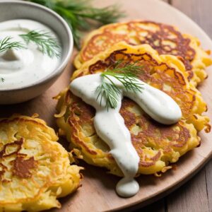 Delicious crispy potato pancakes served with fresh creamy yogurt sauce garnished with dill on a rustic wooden table close up view.
