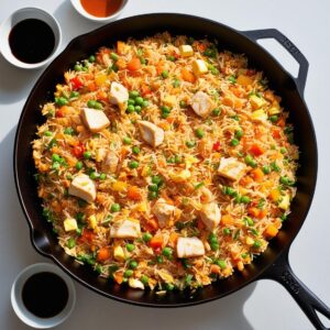 Duza patelnia wypelniona smazonym ryzem z warzywami i kawalkami kurczaka jajkiem wymieszanym z ryzem na tle kuchennego blatu z przyprawami i sosem sojowym w malych miseczkach Duza patelnia wypelniona smazonym ryzem z warzywami i kawalkami kurczaka jajkiem wymieszanym z ryzem na tle kuchennego blatu z przyprawami i sosem sojowym w malych miseczkach