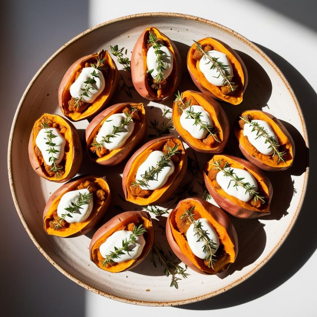 Duzy talerz z kilkoma faszerowanymi batatami widoczne jogurt i swieze ziola cieple barwy naturalne oswietlenie. pieczone bataty