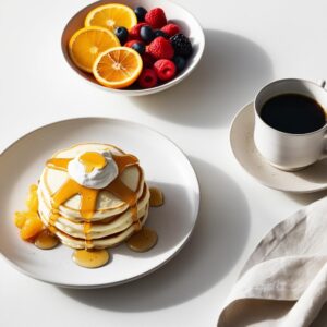 Elegancka aranzacja stolu sniadaniowego z talerzem placuszkow z ricotta obok miska swiezych owocow i filizanka goracej kawy. placuszki z ricottą