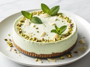 Elegancki pistacjowy sernik na zimno na bialym talerzu posypany posiekanymi pistacjami i wiorkami bialej czekolady ozdobiony listkami miety.
