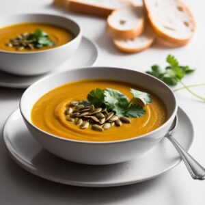 Eleganckie zdjecie glebokiego talerza z zupa krem z dyni udekorowana pestkami dyni i swieza kolendra z kawalkiem bagietki w tle Eleganckie zdjecie glebokiego talerza z zupa krem z dyni udekorowana pestkami dyni i swieza kolendra z kawalkiem bagietki w tle