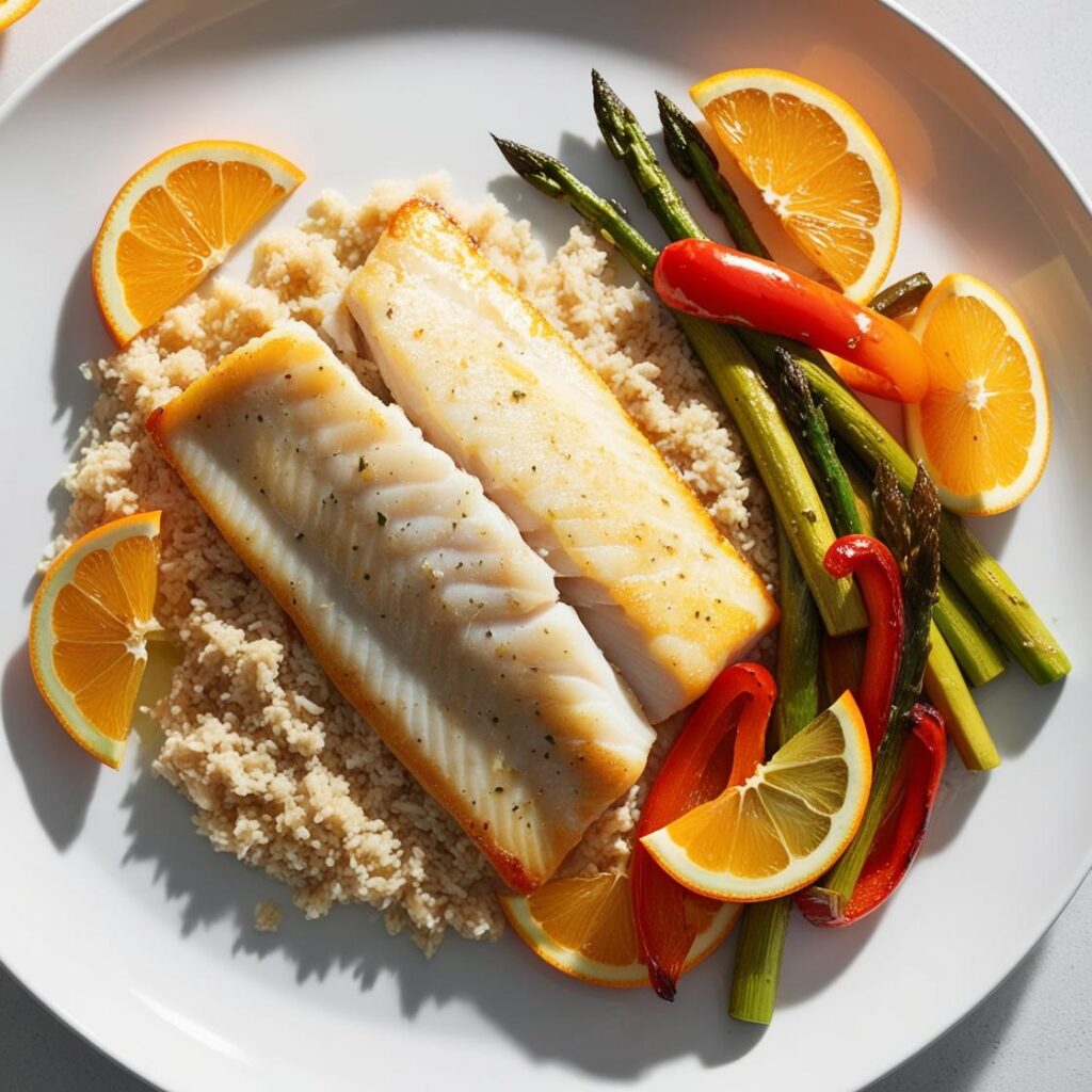 Filet dorsza w cytrusowej glazurze na bialym talerzu podany z kasza bulgur i pieczonymi warzywami otoczony plasterkami pomaranczy i cytryny. 2 Filet dorsza w cytrusowej glazurze na bialym talerzu podany z kasza bulgur i pieczonymi warzywami otoczony plasterkami pomaranczy i cytryny. 2