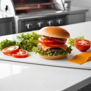 Flat lay of a burger being assembled with fresh ingredients like lettuce tomato and cheddar cheese with a grill in the background. domowe burgery wołowe