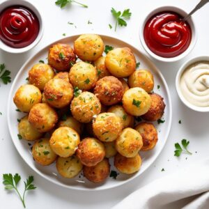 Flat lay of a plate full of golden potato balls sprinkled with chopped parsley with dipping sauces like ketchup and garlic aioli in small bowls nearby Flat lay of a plate full of golden potato balls sprinkled with chopped parsley with dipping sauces like ketchup and garlic aioli in small bowls nearby