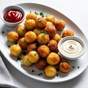 Flat lay of a plate full of golden potato balls sprinkled with chopped parsley with dipping sauces like ketchup and garlic aioli in small bowls nearby. 1 Flat lay of a plate full of golden potato balls sprinkled with chopped parsley with dipping sauces like ketchup and garlic aioli in small bowls nearby. 1