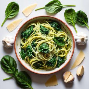 Flat lay shot of a serving of spinach pasta in a rustic ceramic dish surrounded by ingredients like spinach leaves garlic and parmesan. makaron z kremowym sosem
