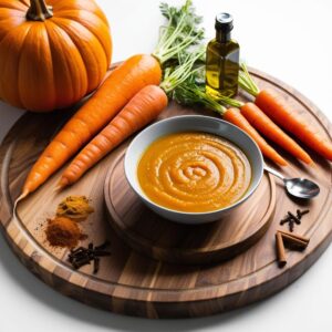 Flat lay drewniana deska z dynia marchewka oliwa przyprawami i miseczka gotowej zupy Flat lay drewniana deska z dynia marchewka oliwa przyprawami i miseczka gotowej zupy