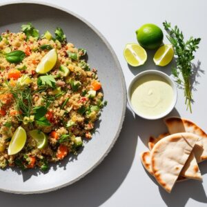 Flat lay salatka z quinoa podana na szarym kamiennym talerzu obok miseczki z sosem cytrynowym i swiezych limonek ziol i chleba pita. 1 1 Flat lay salatka z quinoa podana na szarym kamiennym talerzu obok miseczki z sosem cytrynowym i swiezych limonek ziol i chleba pita. 1 1
