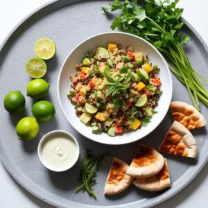 Flat lay salatka z quinoa podana na szarym kamiennym talerzu obok miseczki z sosem cytrynowym i swiezych limonek ziol i chleba pita. Flat lay salatka z quinoa podana na szarym kamiennym talerzu obok miseczki z sosem cytrynowym i swiezych limonek ziol i chleba pita.