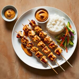 Flat lay talerz z kurczakami Satay miseczka sosu orzechowego dodatki w postaci ryzu i salatki warzywnej tlo w stylu rustykalnym.