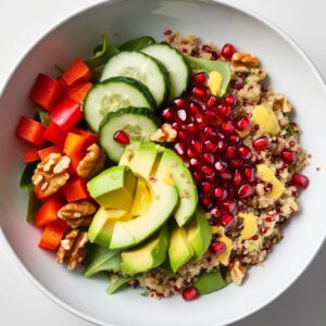 Fresh quinoa salad with cucumber red pepper avocado pomegranate seeds and walnuts drizzled with a lemon mustard dressing served in a modern white bowl.