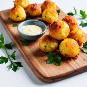 Golden crispy potato and cheese balls served on a rustic wooden board with a small bowl of garlic sauce on the side surrounded by fresh parsley leaves 1 Chrupiące kulki ziemniaczano-serowe