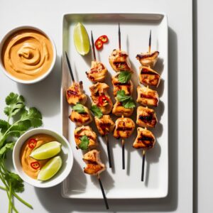 Grillowane szaszlyki z kurczaka Satay na talerzu obok miseczka kremowego sosu orzechowego dekoracja z kolendry czastki limonki i swieze chili naturalne swiatlo minimalistyczne tlo. 1