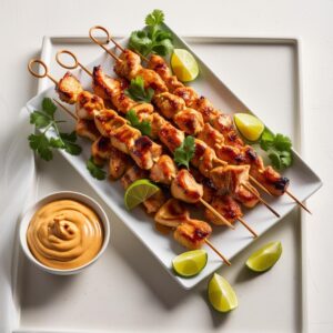 Grillowane szaszlyki z kurczaka Satay na talerzu obok miseczka kremowego sosu orzechowego dekoracja z kolendry czastki limonki i swieze chili naturalne swiatlo minimalistyczne tlo.