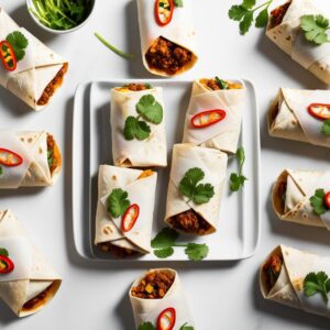 Kadr z gory kilka burrito ulozonych na talerzu kazde owiniete papierem pergaminowym ozdobione swieza kolendra i plasterkami chilli. 1 burrito z kurczakiem i warzywami