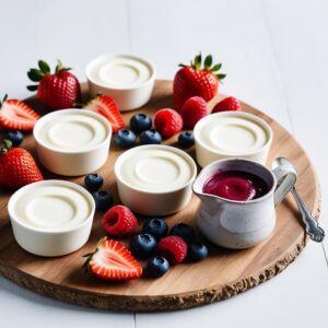 Kilka porcji Panna Cotty na drewnianej desce obok swieze owoce i maly dzbanek z musem owocowym. 1