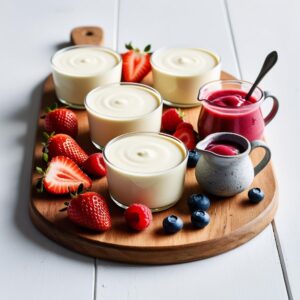 Kilka porcji Panna Cotty na drewnianej desce obok swieze owoce i maly dzbanek z musem owocowym.