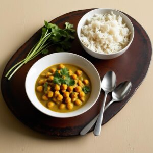 Kremowe curry z ciecierzyca w bialej misce obok miseczki z ryzem basmati swieza kolendra jako dekoracja na rustykalnym drewnianym stole oswietlenie naturalne tlo neutralne. Kremowe curry z ciecierzyca w bialej misce obok miseczki z ryzem basmati swieza kolendra jako dekoracja na rustykalnym drewnianym stole oswietlenie naturalne tlo neutralne.