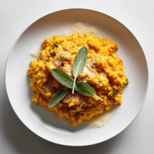 Kremowe risotto z dynia podane na eleganckim bialym talerzu ozdobione listkami swiezej szalwii z dodatkiem startego parmezanu. 1 risotto z dynią