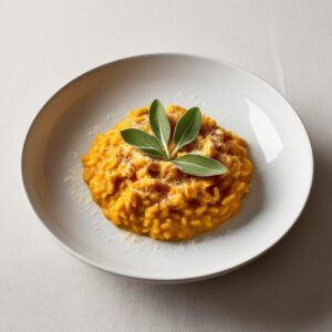 Kremowe risotto z dynia podane na eleganckim bialym talerzu ozdobione listkami swiezej szalwii z dodatkiem startego parmezanu. risotto z dynią