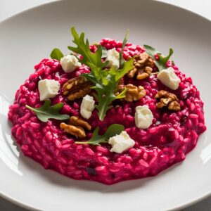 Kremowe risotto z intensywnie rozowym kolorem buraka podane na bialym talerzu udekorowane serem kozim rukola i prazonymi orzechami wloskimi. 1