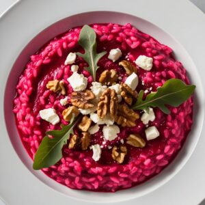 Kremowe risotto z intensywnie rozowym kolorem buraka podane na bialym talerzu udekorowane serem kozim rukola i prazonymi orzechami wloskimi.