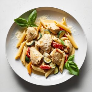 Makaron penne z kurczakiem i warzywami w kremowym sosie podany na eleganckim bialym talerzu z dodatkiem swiezej bazylii i startym parmezanem. 1