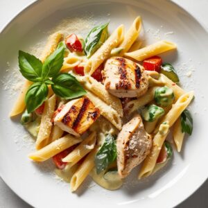 Makaron penne z kurczakiem i warzywami w kremowym sosie podany na eleganckim bialym talerzu z dodatkiem swiezej bazylii i startym parmezanem.