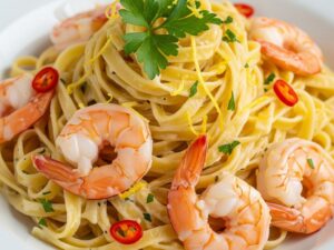 Makaron z krewetkami w sosie śmietanowo-czosnkowym