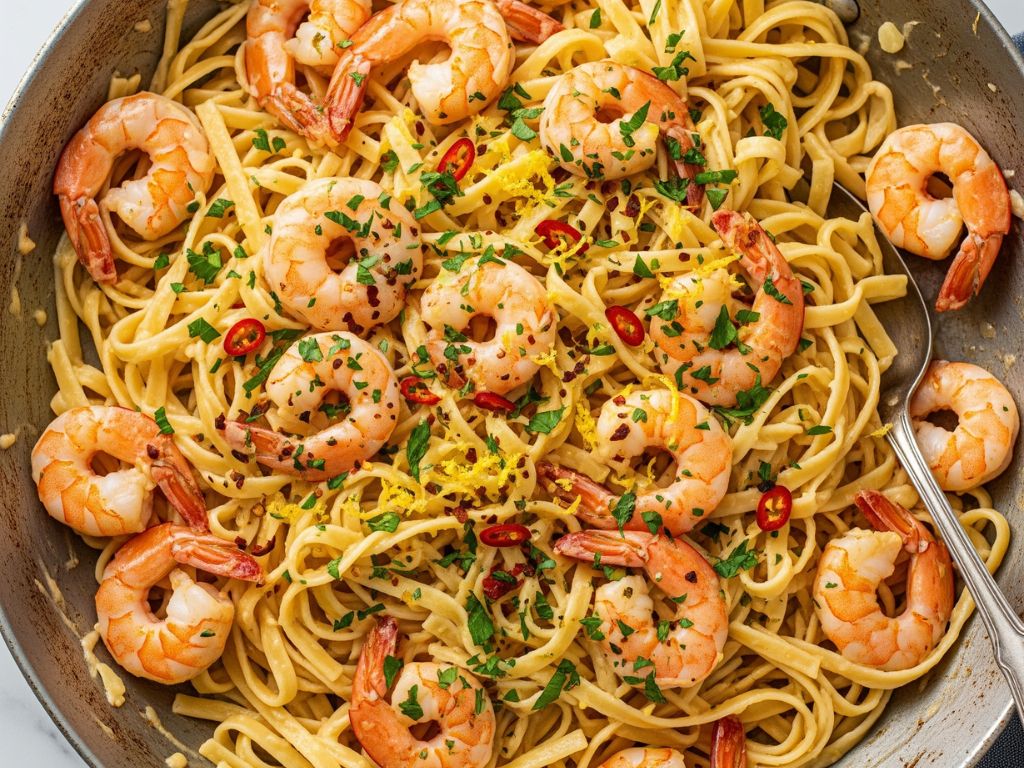 Makaron z krewetkami w sosie śmietanowo-czosnkowym