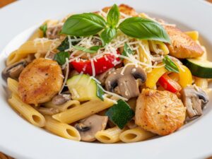 Makaron z kurczakiem i warzywamiw sosie śmietanowym