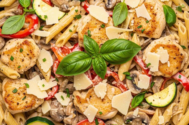 Makaron z kurczakiem i warzywami w kremowym sosie