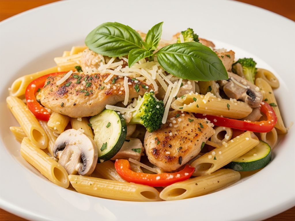 Makaron z kurczakiem i warzywamiw sosie śmietanowym